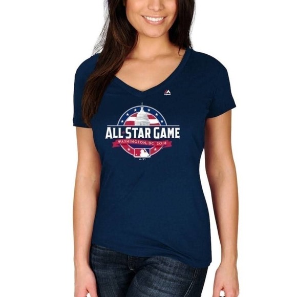 Majestic MLB All Star Game Women's Navy V-Neck T-Shirt Medium - Picture 1 of 5